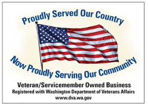Proudly Served Our Country above an American flag with Now Proudly Serving Our Community Veteran/Servicemember Owned Business Registered with the Washington Department of Veteranss Affairs www.dva.wa.gov